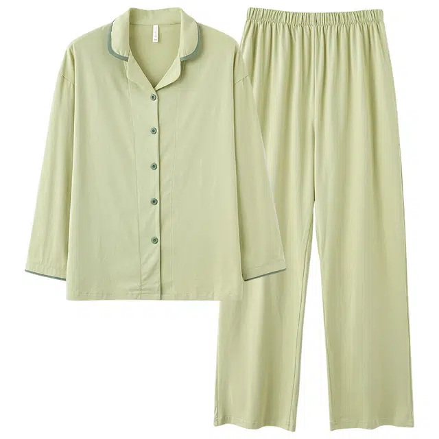 草本初色 翻领柔软长袖简约可外穿家居服长裤睡衣套装 女款 绿色