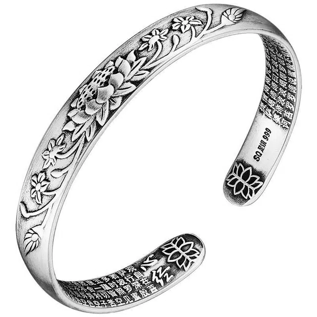 优态 莲花心经大悲咒镀银 复古凸面 荷花 合金 手镯 男女同款情侣款