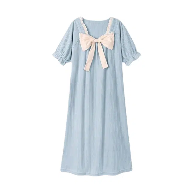 橡柠派 睡裙女中长款短袖洋气甜美蝴蝶结公主风纯棉家居服  家居连衣裙 女款 浅蓝色
