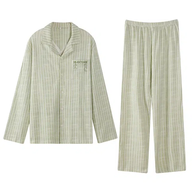 俞兆林 高级感简约翻领长袖长裤休闲条纹开衫家居服可外穿睡衣套装 男款 绿色