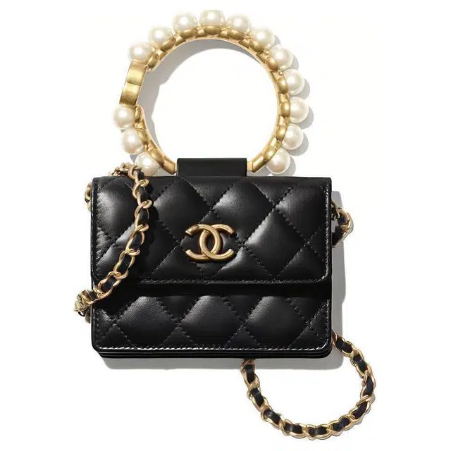 CHANEL Classic Small Chain Pearl Handle Lambskin Square Box Wallet Bag Black