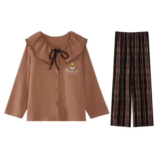 俏薇妮 时尚撞色条纹娃娃领休闲凉感长袖长裤舒适可外穿睡衣套装 女款 卡其色