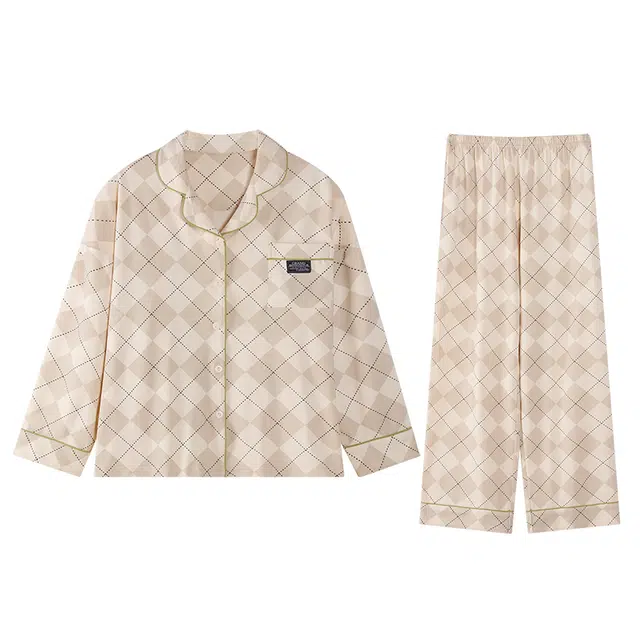 俏薇妮 简约格子翻领开衫家居服休闲舒适可外穿睡衣套装 女款 杏色