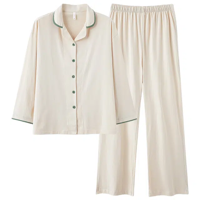 草本初色 纯色翻领长袖显瘦长裤简约可外穿睡衣套装 女款 图片色