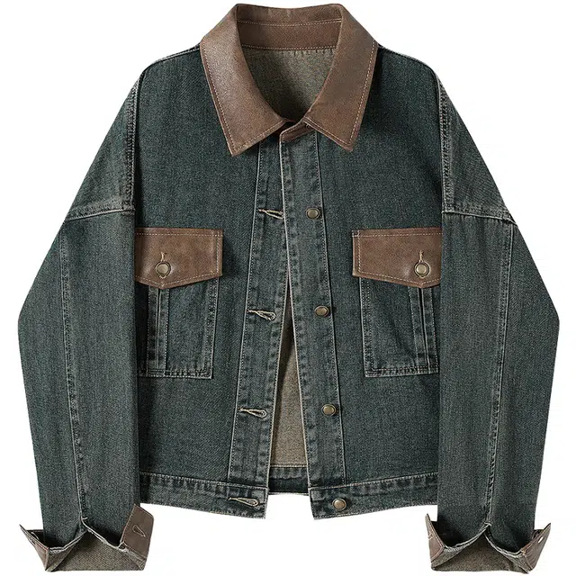 她池 拼接翻领宽松款做旧休闲长袖牛仔外套 女款 复古深蓝