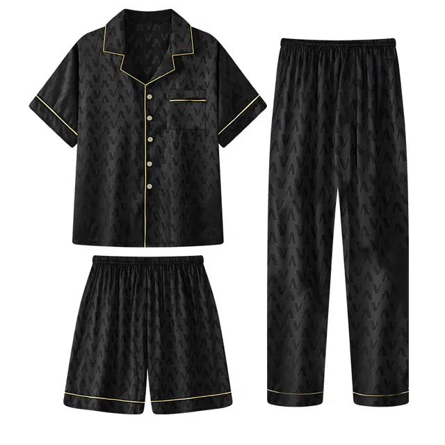 俏霓桐 简约休闲亲肤舒适学生宿舍翻领开衫短袖可外穿休闲五分裤长裤睡衣套装 男款 图色