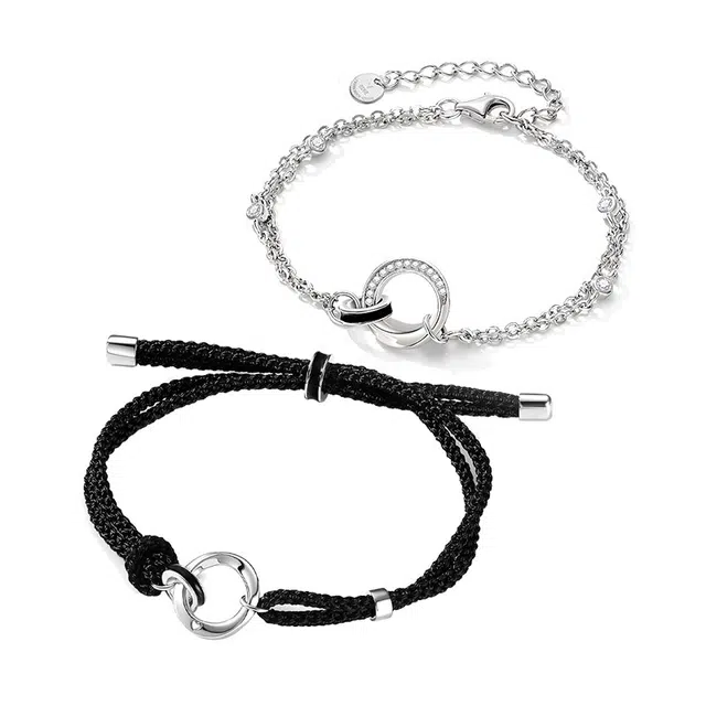 万娜 小双环 莫比乌斯环系列  合金 环环相扣 编织绳 手链  男女同款情侣款