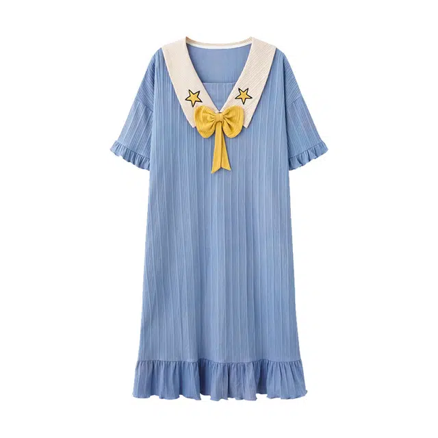 橡柠派 棉质睡裙女夏季春秋家居服可爱薄款短袖宽松睡衣大码夏天可外穿睡裙 女款