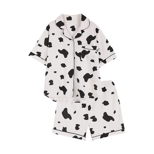 橡柠派 夏季睡衣女甜美休闲家居套装小奶牛印花开衫短袖睡衣睡裤两件套 女款 奶牛色