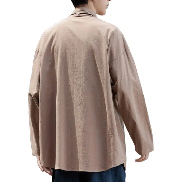 新中式中国风休闲重磅棉麻唐装复古宽松茶服纯色中山装长袖衬衣佛系禅意盘扣五金点缀太极服百搭衬衫 男女同款
