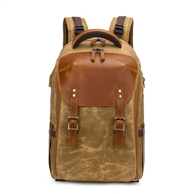 恒源祥 时尚防泼水学生复古摄影相机机能风撞色通勤骑行休闲旅行 蜡染帆布 双肩包 男款 土黄色/卡其色/蓝色/灰色