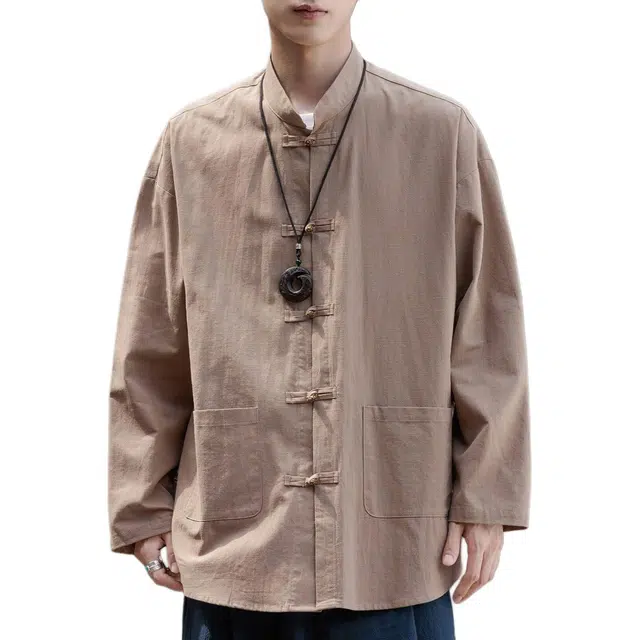 新中式中国风休闲重磅棉麻唐装复古宽松茶服纯色中山装长袖衬衣佛系禅意盘扣五金点缀太极服百搭衬衫 男女同款