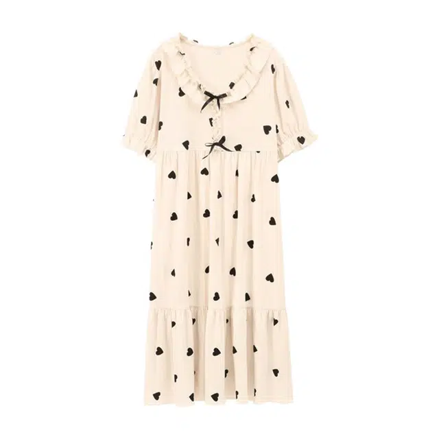 橡柠派 夏季睡衣女睡裙短袖宫廷风连衣裙韩版可爱学生中长款家居睡裙女可外穿 女款 象牙白