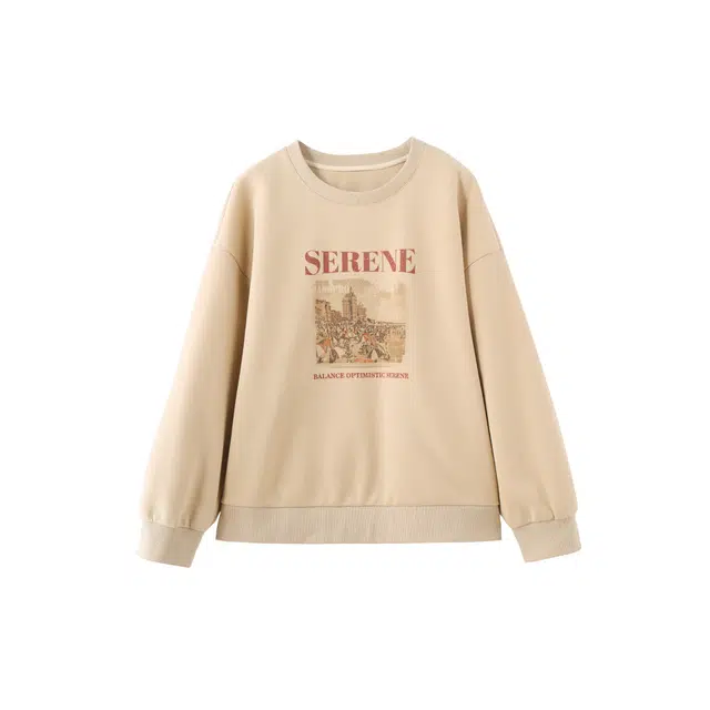 花栗鼠小姐 建筑字母印花简约舒适落肩袖卫衣 女款 浅奶茶