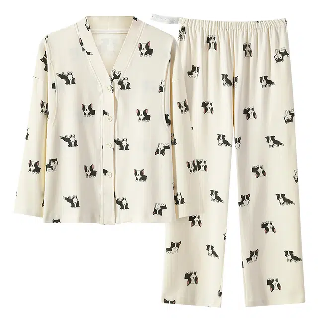 莫代尔 舒适亲肤开衫长袖长裤卡通满印孕妇月子服睡衣套装 女款 杏色