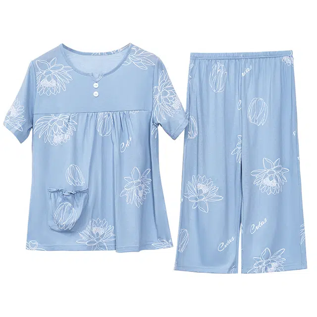 莫代尔 薄款棉质短袖七分裤中老年简约大码可外穿睡衣套装 女款 蓝色