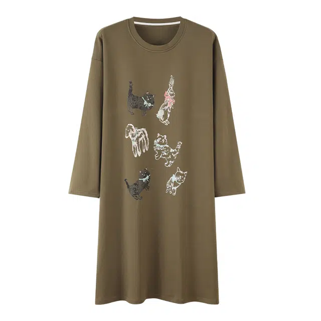 莫代尔 透气舒适细腻柔软亲肤带胸垫防凸点居家可外穿长袖睡裙 女款 棕绿色