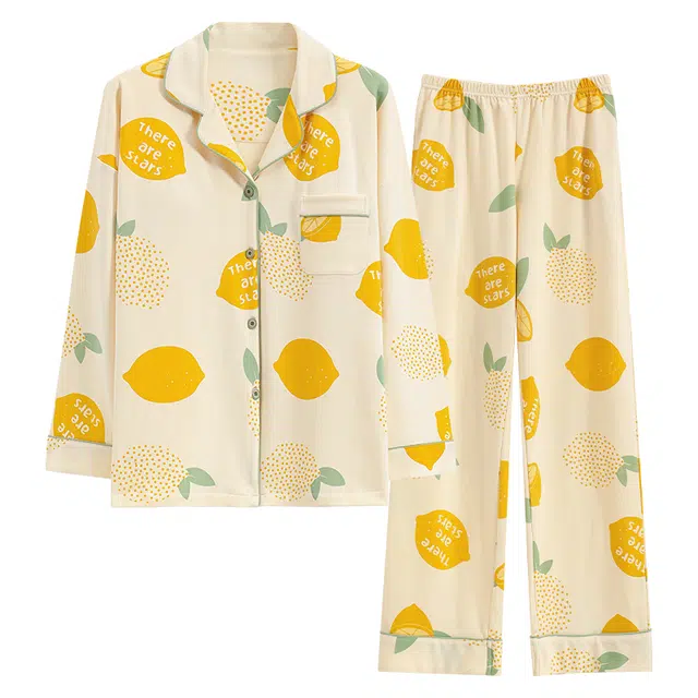 莫代尔 透气带胸垫防凸点轻盈吸汗耐磨细腻柔软亲肤舒适居家可外穿开衫翻领长袖长裤睡衣套装 女款 杏色