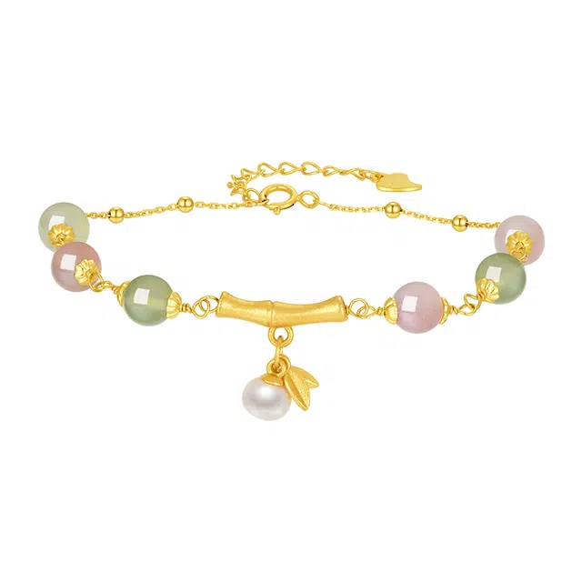 周大生 春色如许银镶玉珍珠竹节多巴胺串珠链小众精致手饰 玛瑙 手链 女款