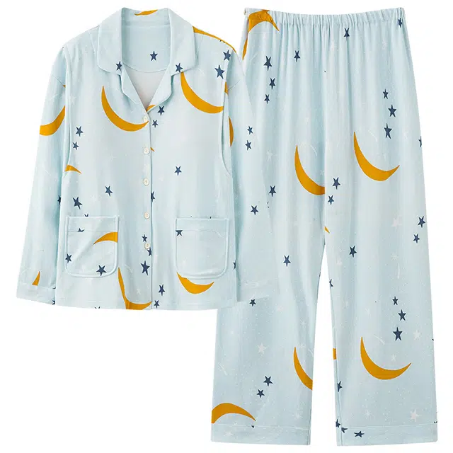 莫代尔 简约风舒适轻薄柔软温柔透气亲肤吸湿排汗翻领开衫长袖长裤家居服可外穿睡衣套装 女款 浅蓝色