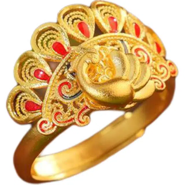 佐卡伊 国风古法金孔雀戒造型口指环可调节 足金 一口价 黄金戒指 女款