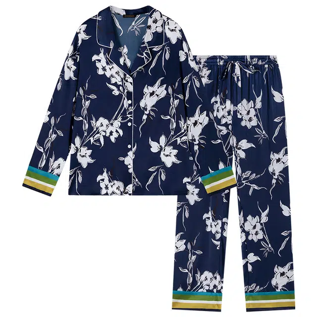 舒雅 舒适亲肤简约长袖长裤睡衣套装 女款 深宝蓝