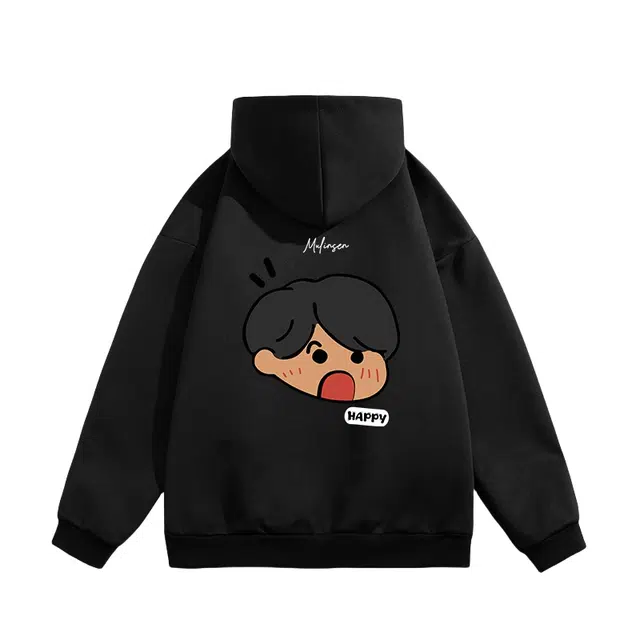 木林森 美式复古高街小男孩印花宽松休闲舒适百搭落肩连帽套头卫衣 男女同款