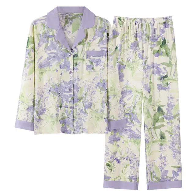 莫代尔 舒适亲肤开衫翻领长袖长裤韩版满印甜美时尚家居服可外穿睡衣套装 女款 杏色