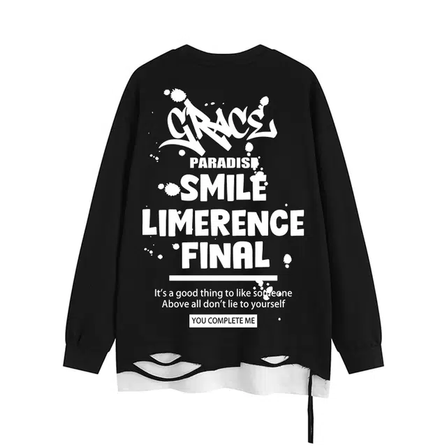 木林森 美式高街假俩件破洞拼接字母印花百搭通勤宽松落肩圆领套头项链款卫衣 男女同款