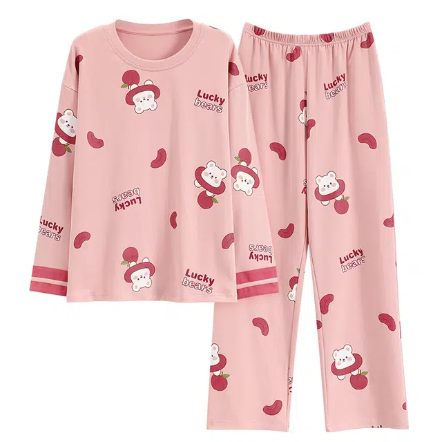 莫代尔 亲肤舒适套头圆领长袖长裤卡通时尚满印家居服可外穿睡衣套装 女款 粉色