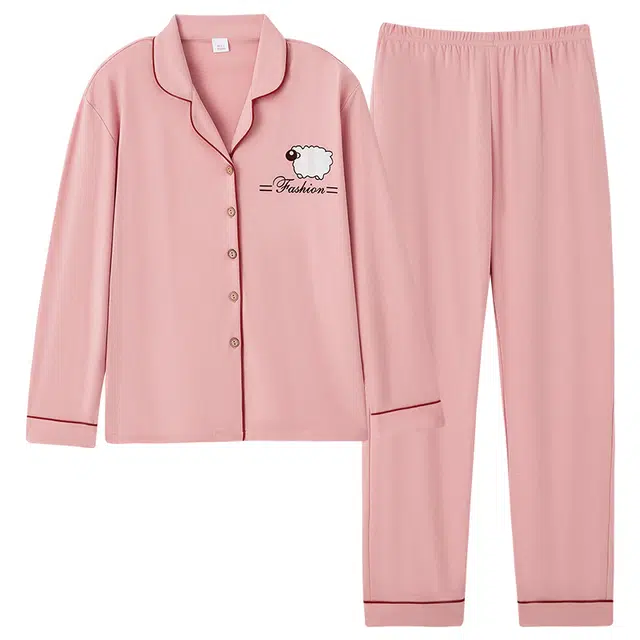 歌倩雅 开衫翻领纯色舒适长袖长裤睡衣套装 女款 粉色
