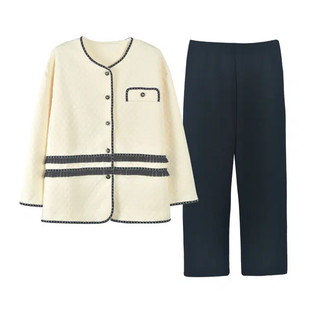 莫代尔 简约柔软细腻舒适蓄热开衫长袖弹力裤腰长裤休闲可外穿睡衣套装 女款 乳白色