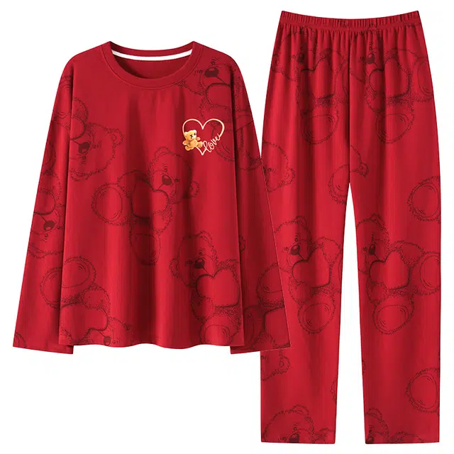 莫代尔 中国风喜庆时尚柔软舒适微弹透气亲肤耐磨带胸垫长袖不易起球长裤不勒腹可居家休闲可外穿睡衣套装 女款 红色