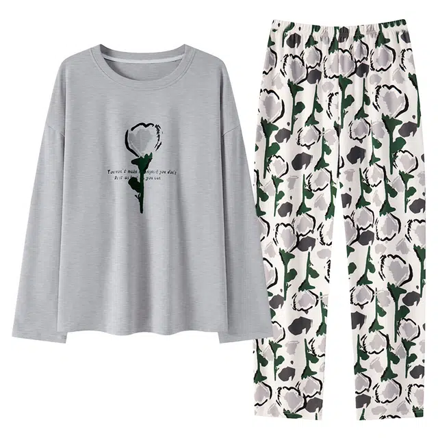 莫代尔 简约时尚休闲柔软青春活力亲肤耐磨透气防凸点带胸垫圆领长袖不勒腹长裤睡衣套装 女款 灰色