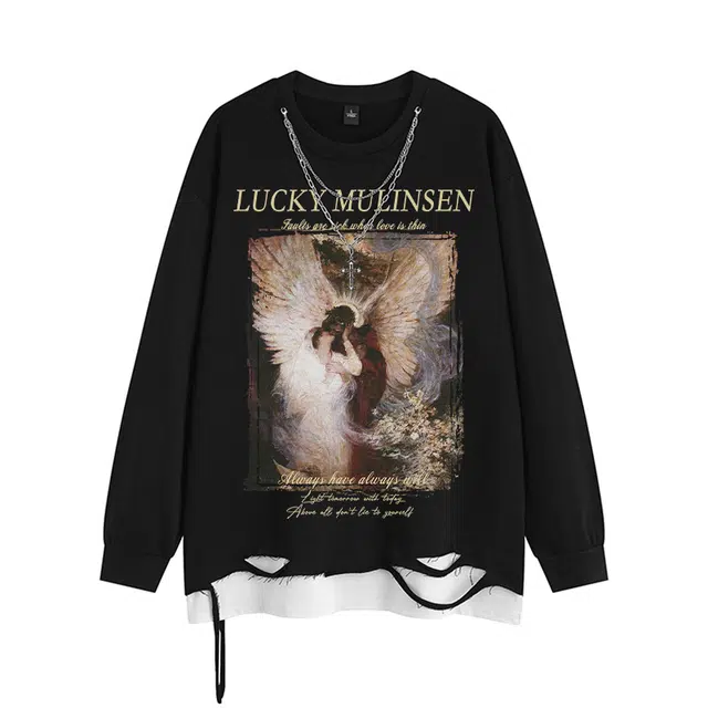 木林森 美式破洞假俩件项链款神圣教堂字母印花圆领落肩百搭宽松休闲卫衣 男女同款