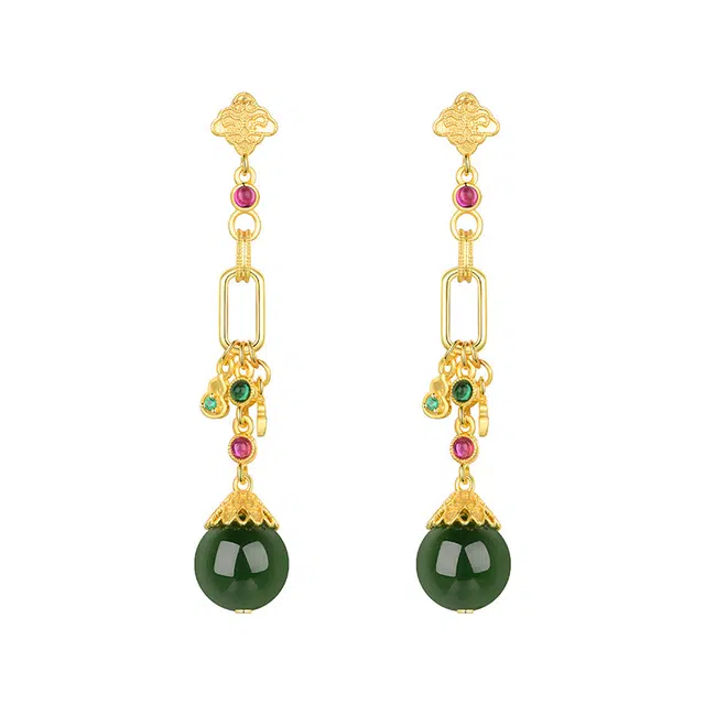 龙弗 国风高级感古典优雅汉服旗袍配饰 和田玉 耳环 女款 碧玉