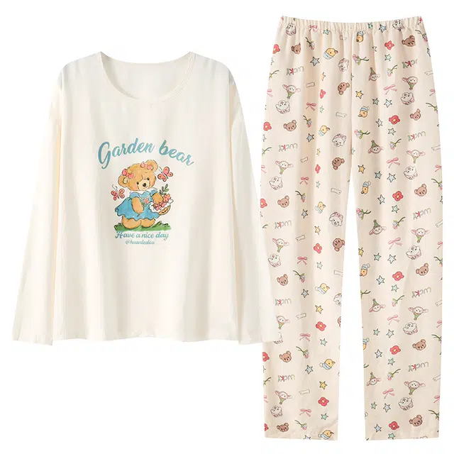 莫代尔 简约时尚耐磨透气亲肤免穿文胸圆领套头长袖长裤睡衣套装 女款 白色