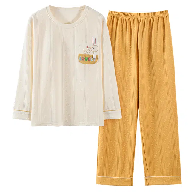 莫代尔 圆领简约舒适卡通长袖上衣松紧腰长裤睡衣套装 女款 杏色