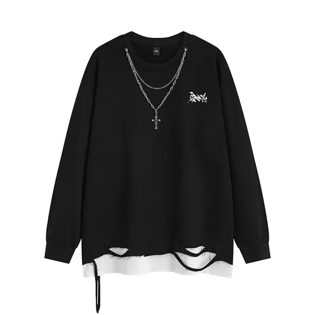 木林森 美式高街假俩件破洞拼接字母印花百搭通勤宽松落肩圆领套头项链款卫衣 男女同款