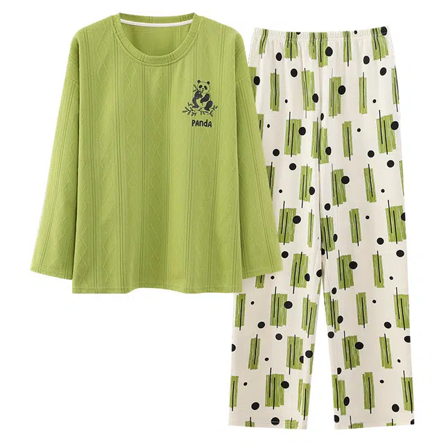 莫代尔 亲肤舒适柔软丝滑透气微弹耐磨吸湿排汗带胸垫防凸点长袖长裤休闲可外穿睡衣套装 女款 黄绿色