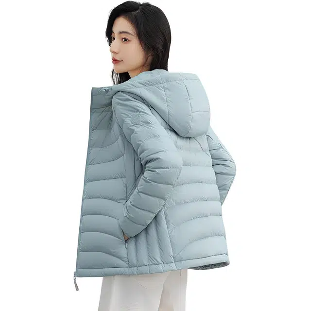 鸭鸭 薄款纯色百搭连帽长袖羽绒服 女款