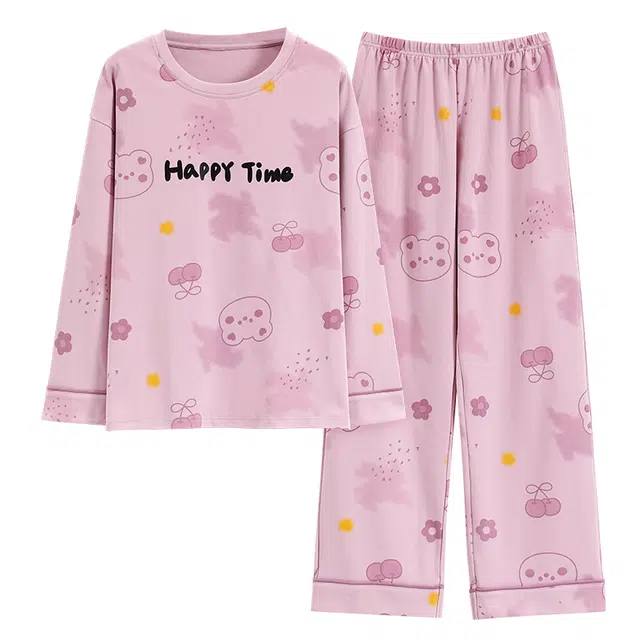 莫代尔 亲肤带胸垫防凸点套头圆领长袖长裤韩版卡通熊满印可外穿睡衣套装 女款 香芋紫