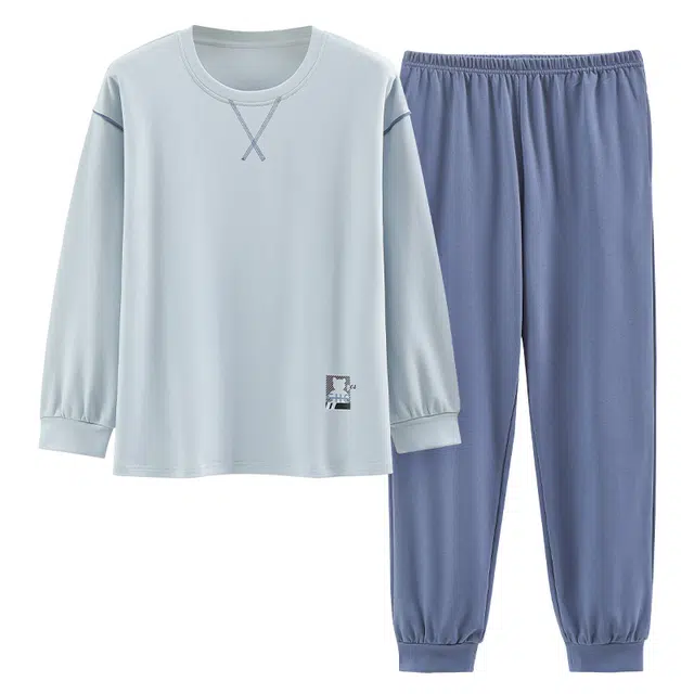 莫代尔 亲肤舒适套头圆领长袖长裤家居服简约可外穿睡衣套装 女款 浅蓝色