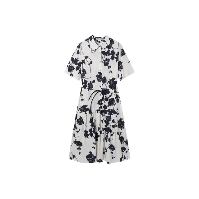 对白 碎花收腰不规则短袖连衣裙 黑白花