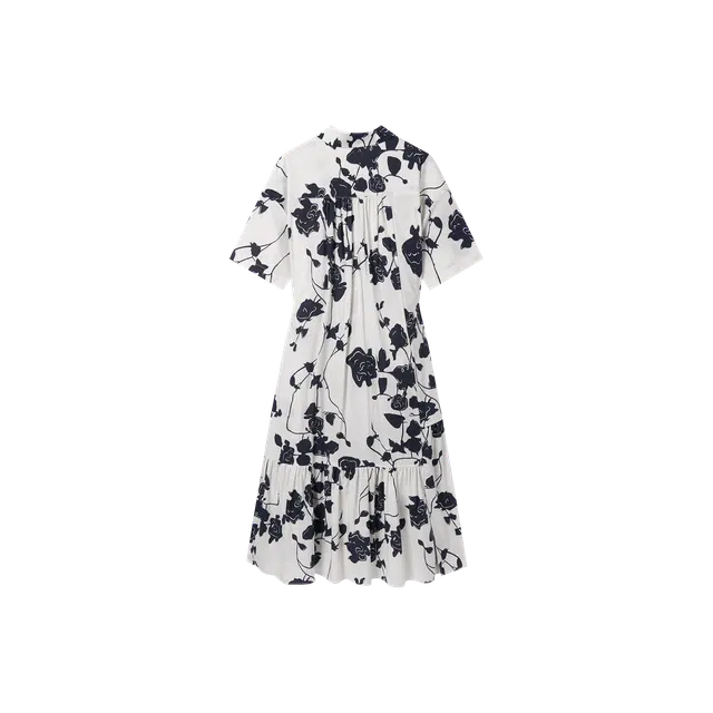 对白 碎花收腰不规则短袖连衣裙 黑白花