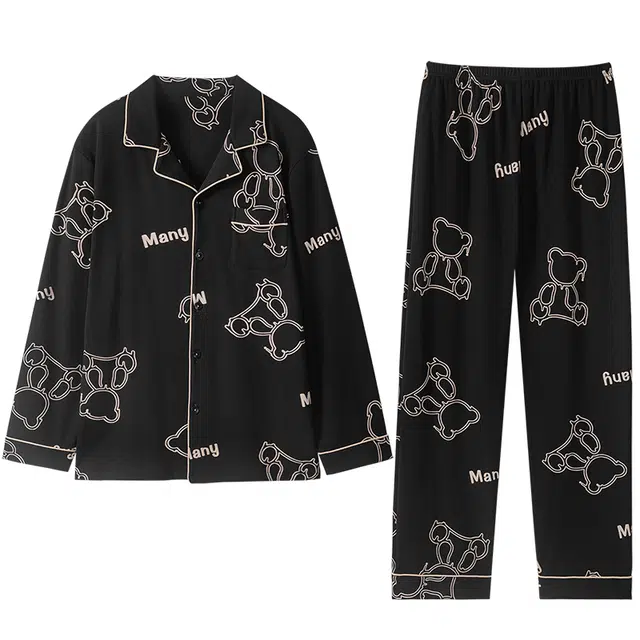 梦特娇 柔软亲肤开衫翻领居家服可外穿 卡通简约高级感宽松大码长袖长裤休闲青年睡衣套装 男女同款 黑色