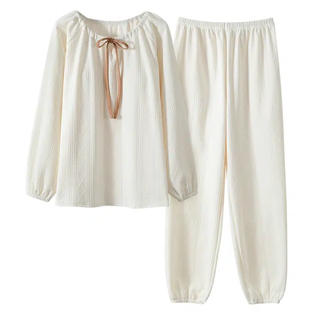 睦隆世家 舒适亲肤柔软轻盈丝滑透气微弹耐磨吸湿排汗带胸垫防凸点长袖长裤可居家休闲可外穿睡衣套装 女款 白色