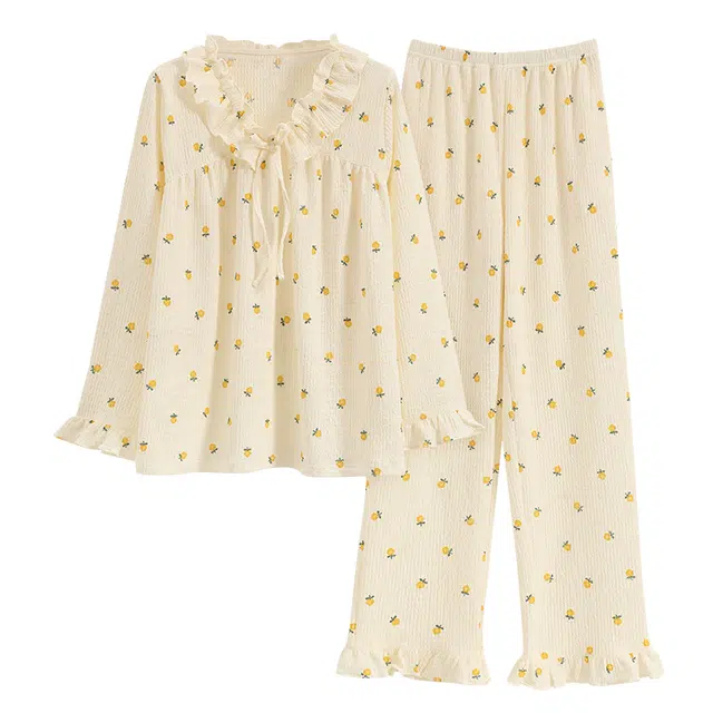 睦隆世家 轻盈丝滑透气微弹耐磨吸湿排汗柔软亲肤舒适带胸垫防凸点长袖长裤可居家休闲可外穿睡衣套装 女款 杏色