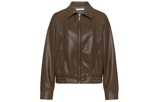 美洋 纯色短款直筒拉链休闲长袖皮衣 女款 棕色