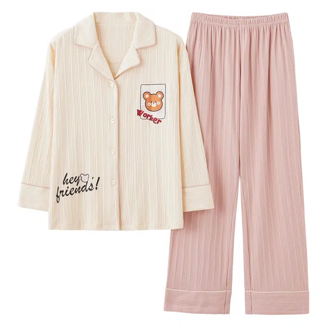 莫代尔 亲肤舒适开衫翻领长袖长裤卡通熊简约时尚家居服可外穿睡衣套装 女款 杏色